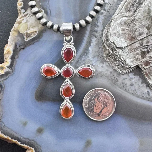 Sterling Silver Southwestern Style Carnelian Decorated Cross Pendant For Women - Picture 8 of 10
